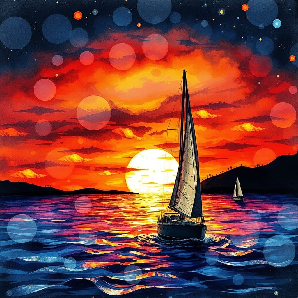 Vibrant Fantasy Landscape with Sailboat and Swirling Circles