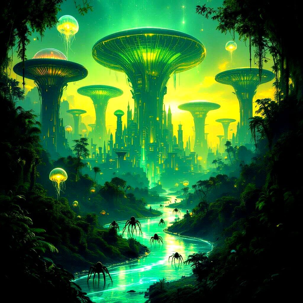 Bioluminescent Alien Metropolis in Hyperrealistic Style