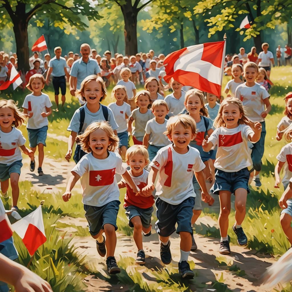 Children Playing with Polish Flag in Digital Art