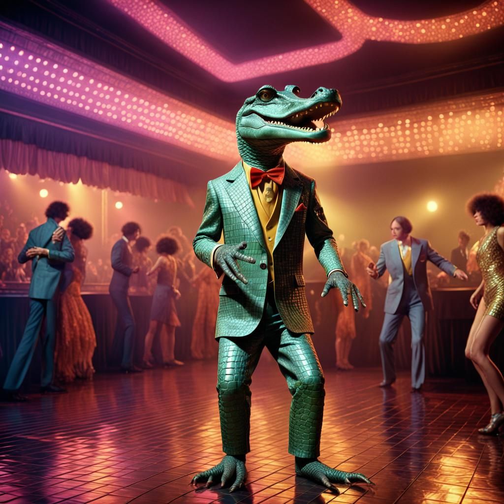 Alligator Disco Dancer in 1970s Outfit