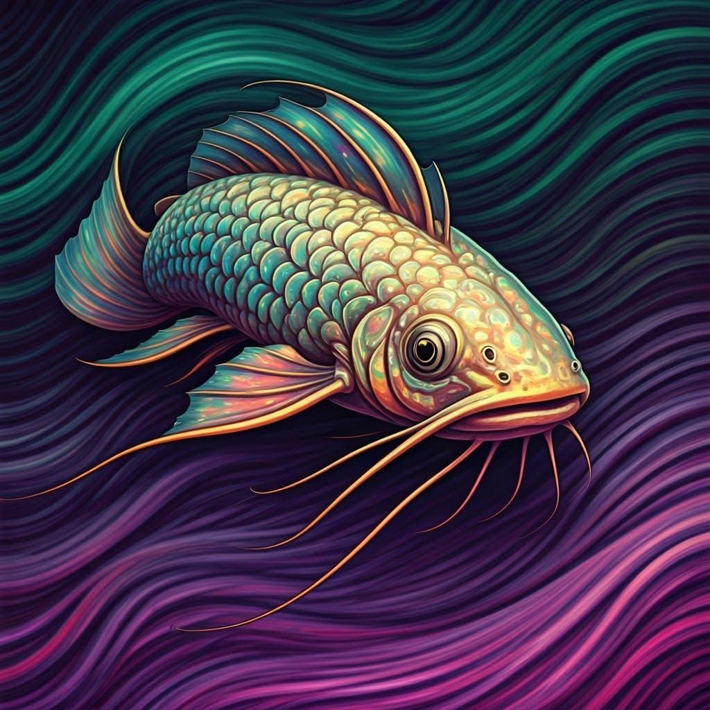 Vibrant Iridescent Catfish in Dreamlike Psychedelic Scene