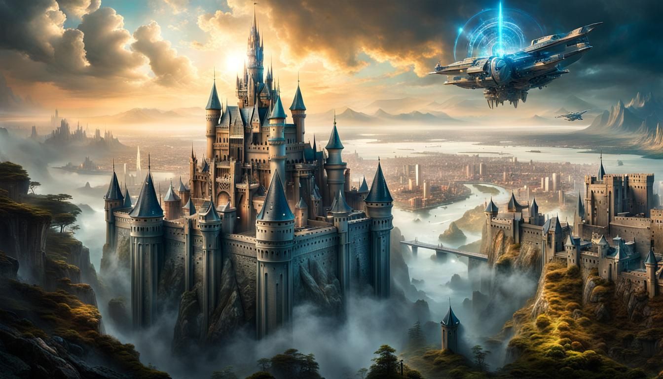 Medieval Castle in Cyberpunk Metropolis, Digital Art