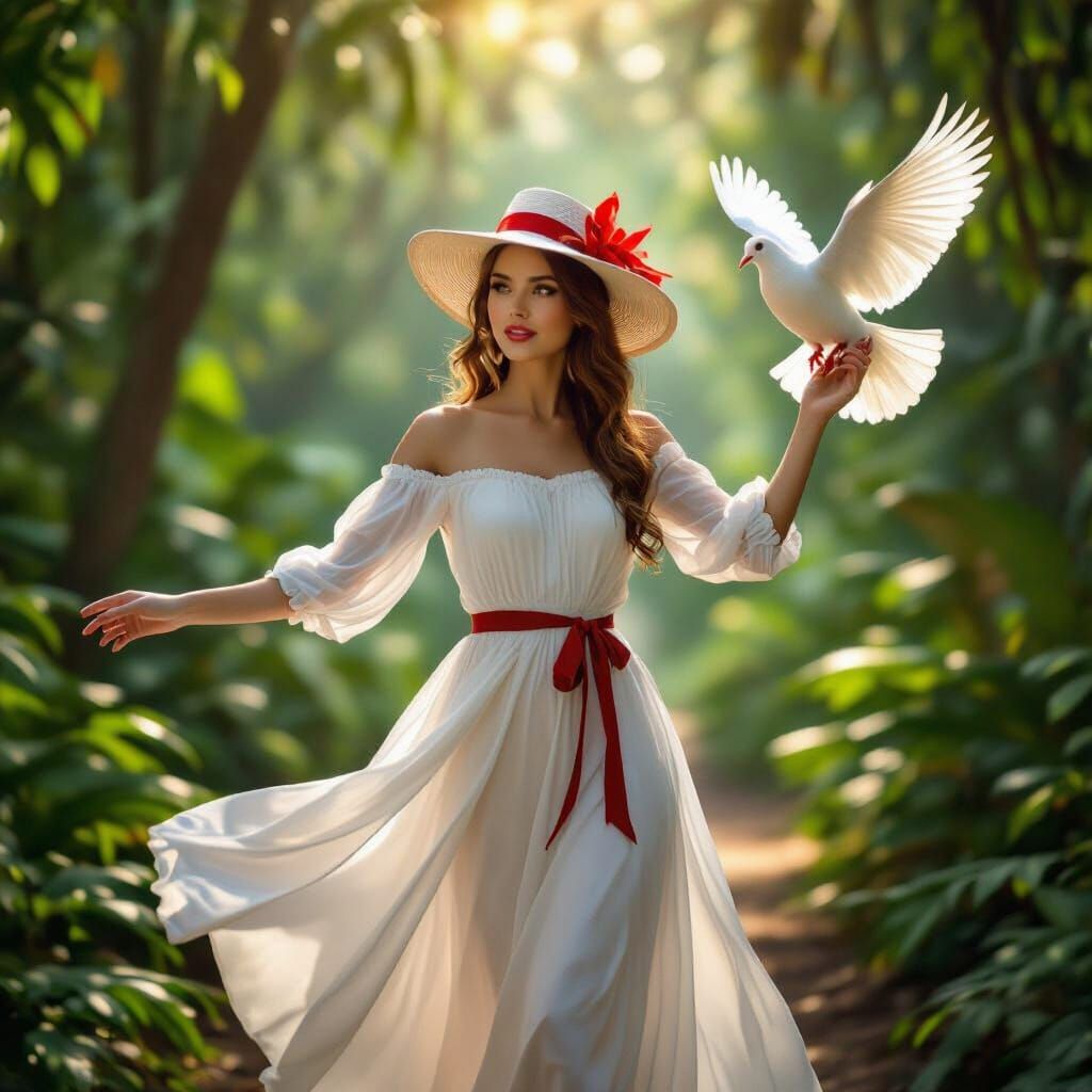 Girl with Dove in Majestic Jungle, Photorealistic Style