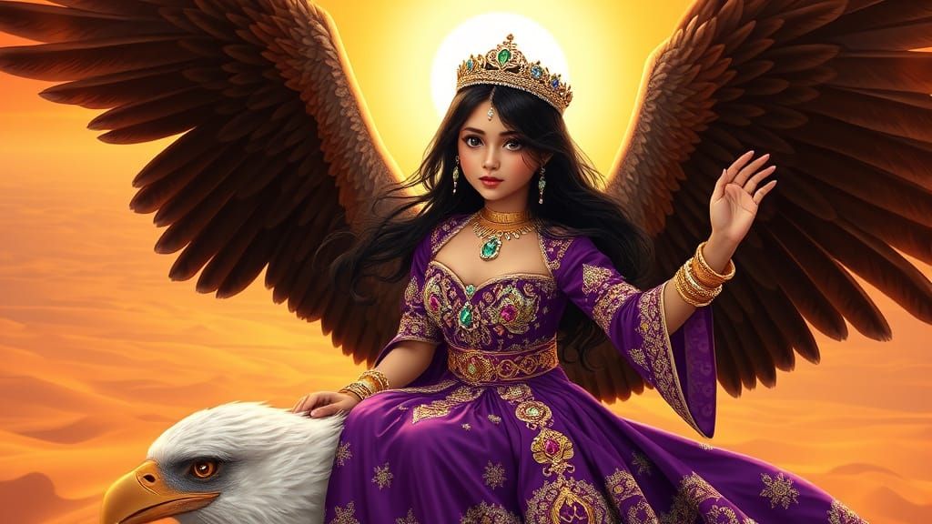 Regal Islamic Princess Riding a Majestic Eagle in Sunset Spl...