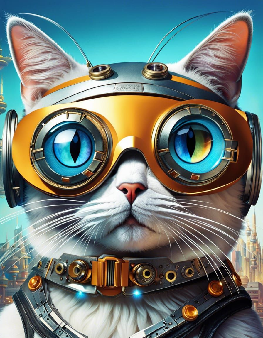 Cat in Robot Mask: Hyperrealistic Biopunk Collage