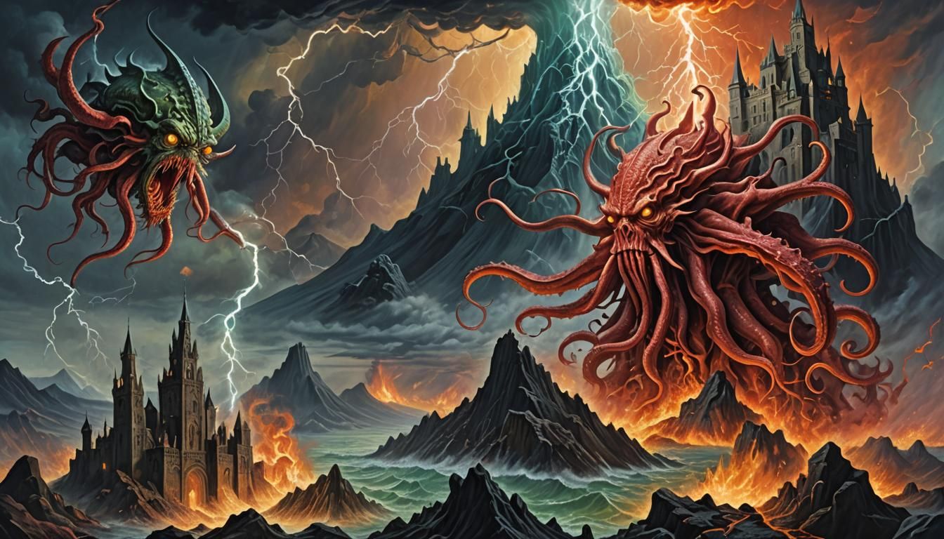 Cthulhu Battle: A Surreal Cosmic Horror Landscape