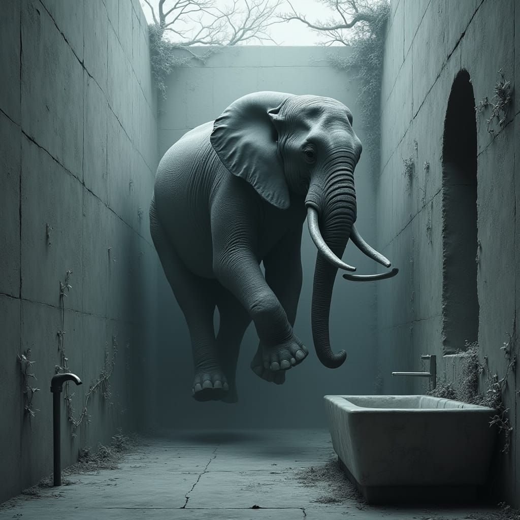 Ethereal Elephant in Forgotten Bathroom