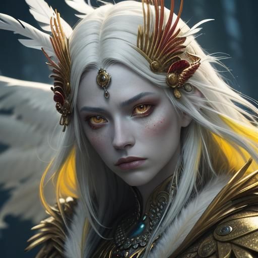 Silver-Skinned Woman with Colorful Feathers