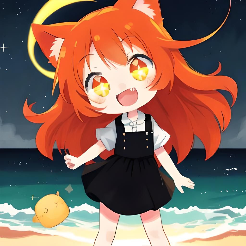 Chibi Catgirl on Beach at Night: Anime Style