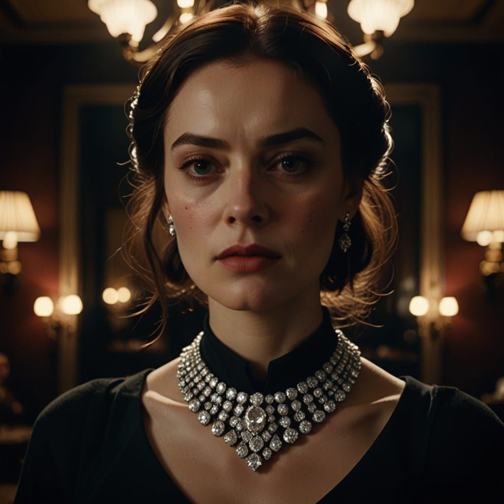 Woman in Luxurious Dimly Lit Room with Kinky Diamond Collar