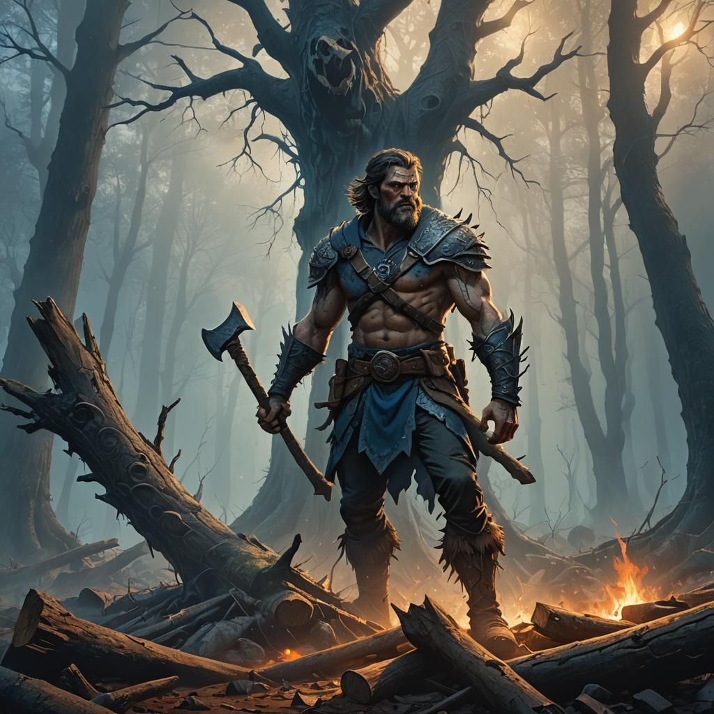 Mystical Forest: Man Chopping Wood in Matte Painting