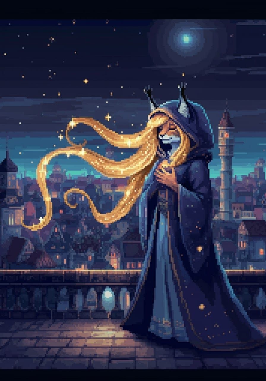 Fantasy City with Lynx in 16-bit Pixel Art