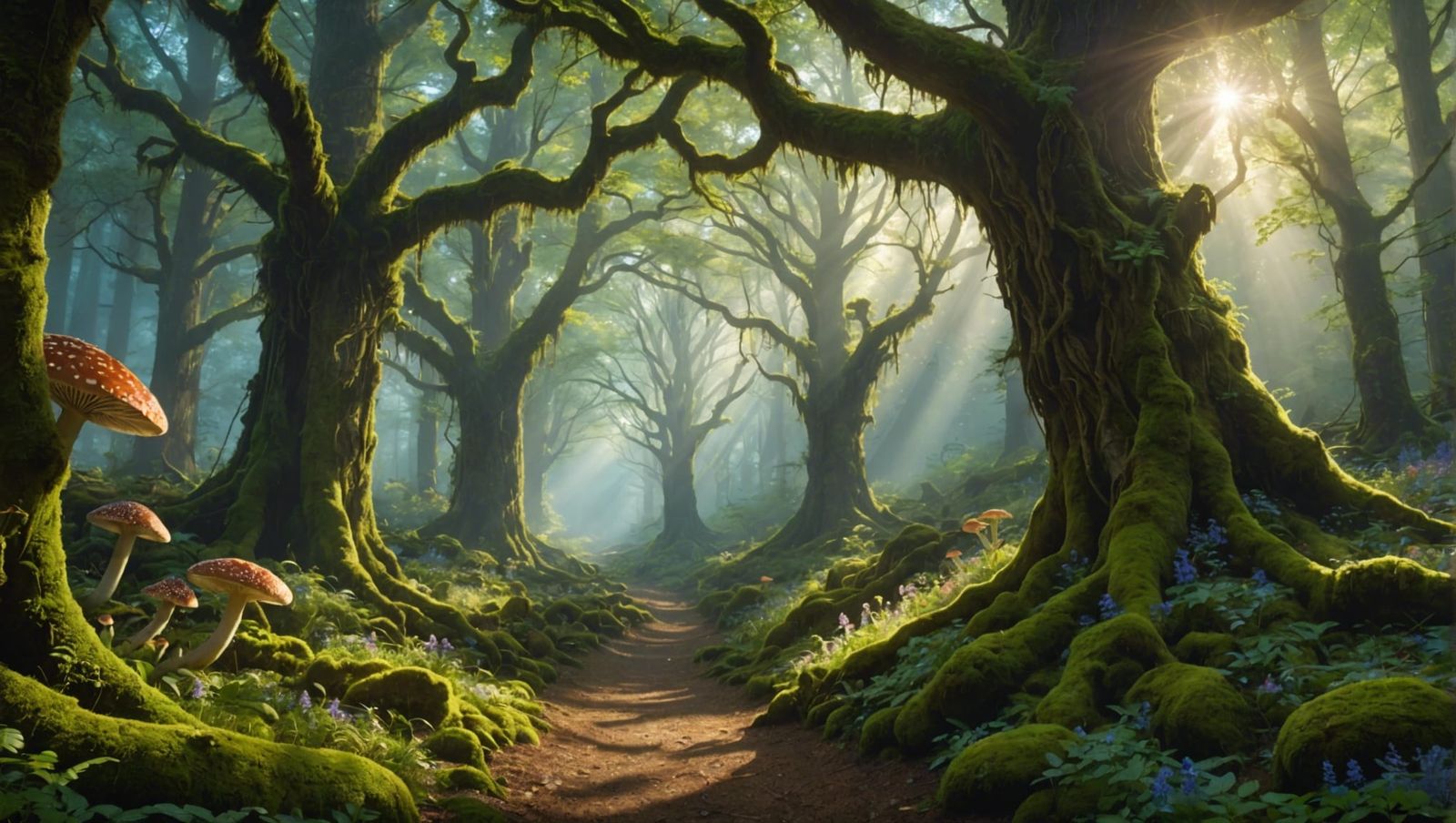 An ancient, sun-dappled forest, where towering trees with gn...