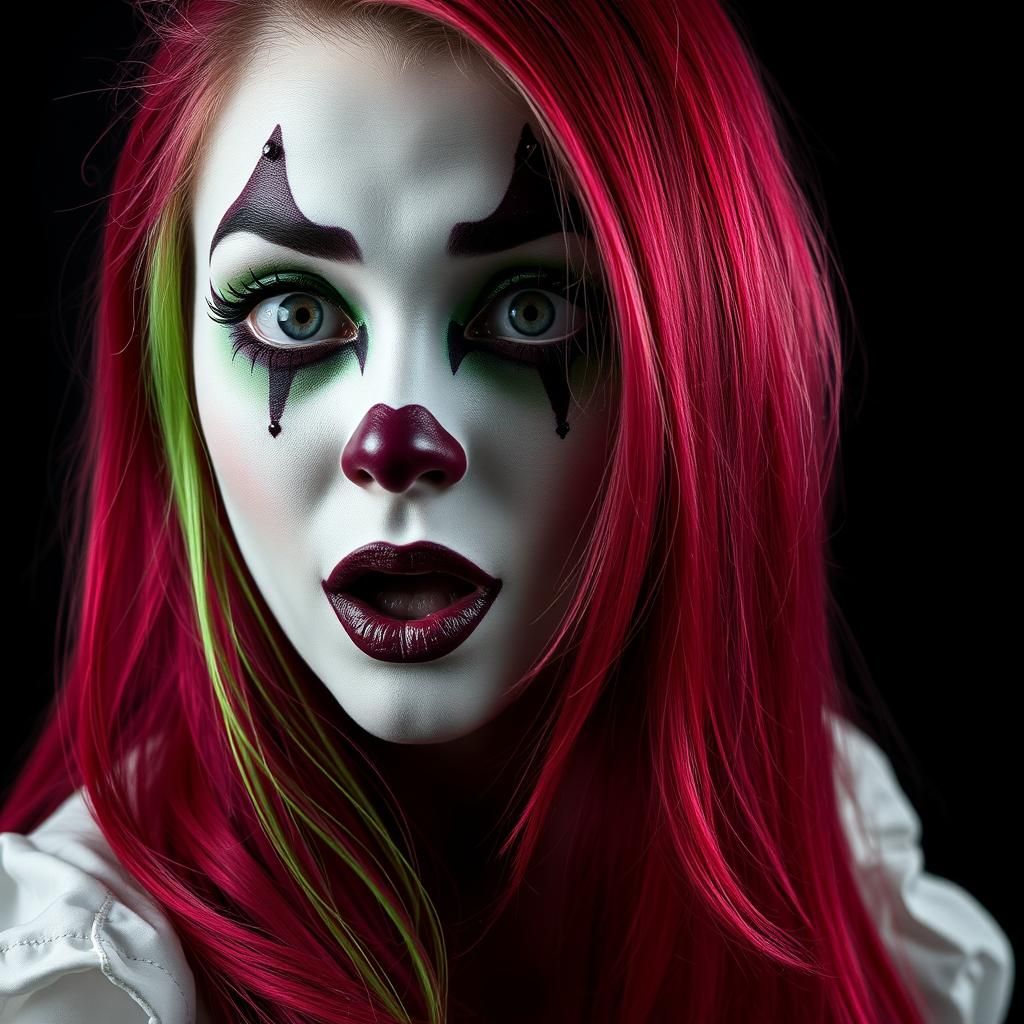 Surprised Woman in Exaggerated Clown Makeup