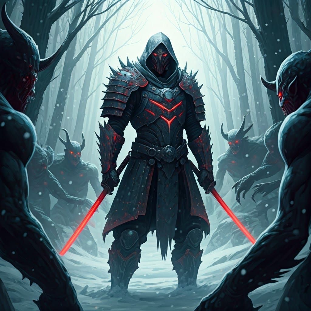 Demon Hunter in Snowy Forest, Ominous Art
