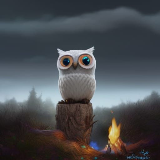 Two Knitted Owls Around a Campfire