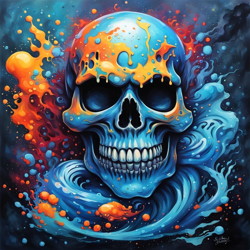 Blue Evil Skull Mermaid in Graffiti Art Style
