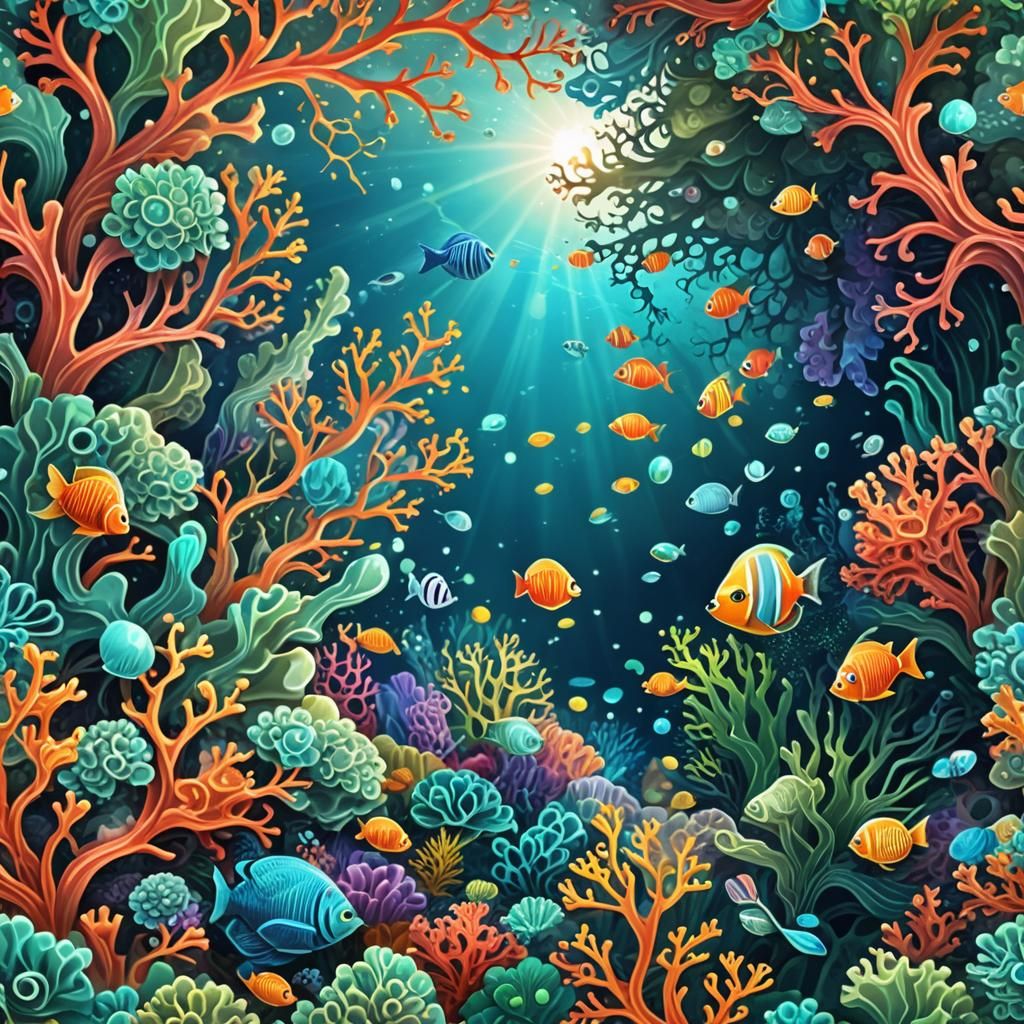 Vibrant Fractal Coral Reef in Abstract Vector Art
