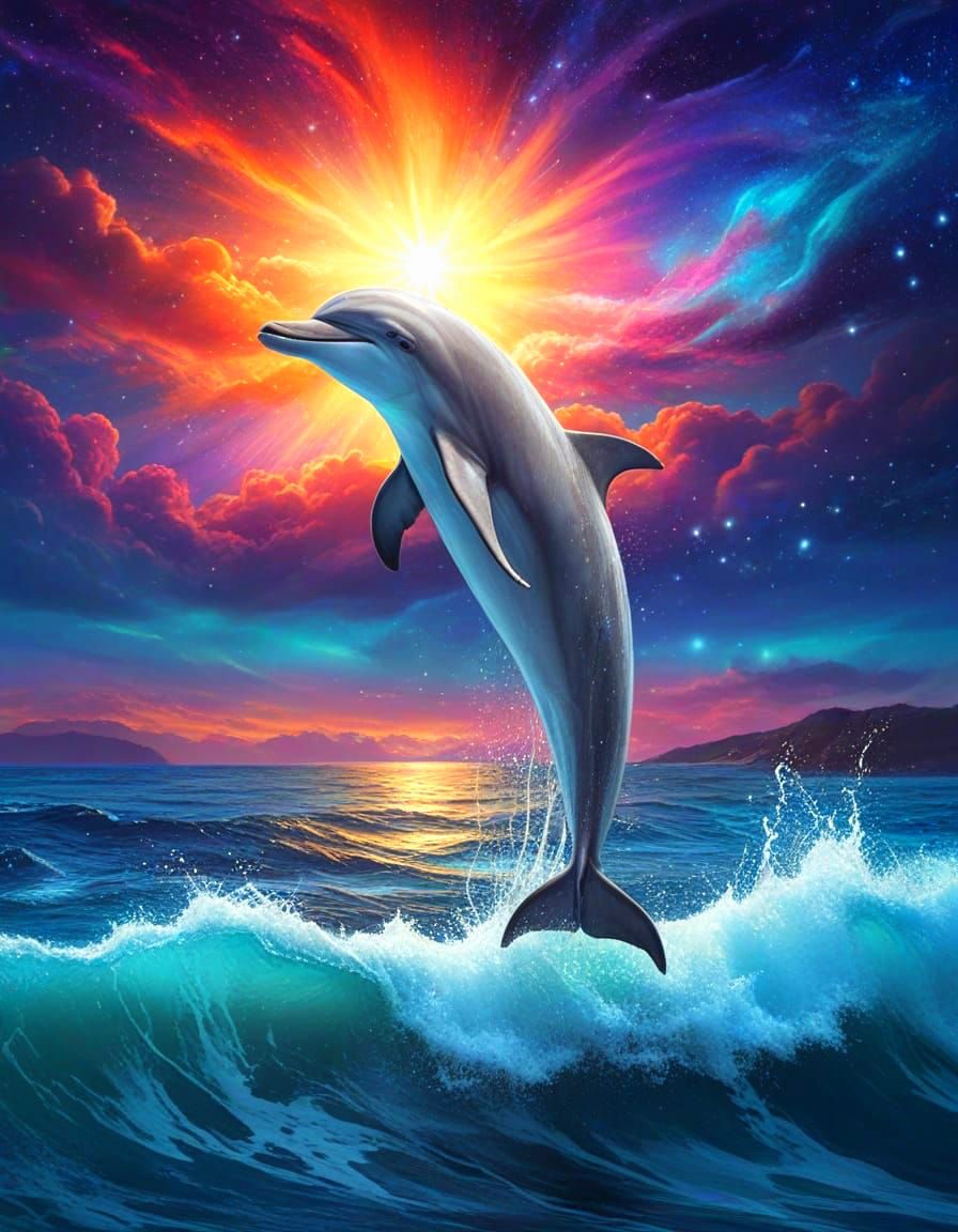 Surreal Dolphin Leaps into Cosmic Ocean at Night