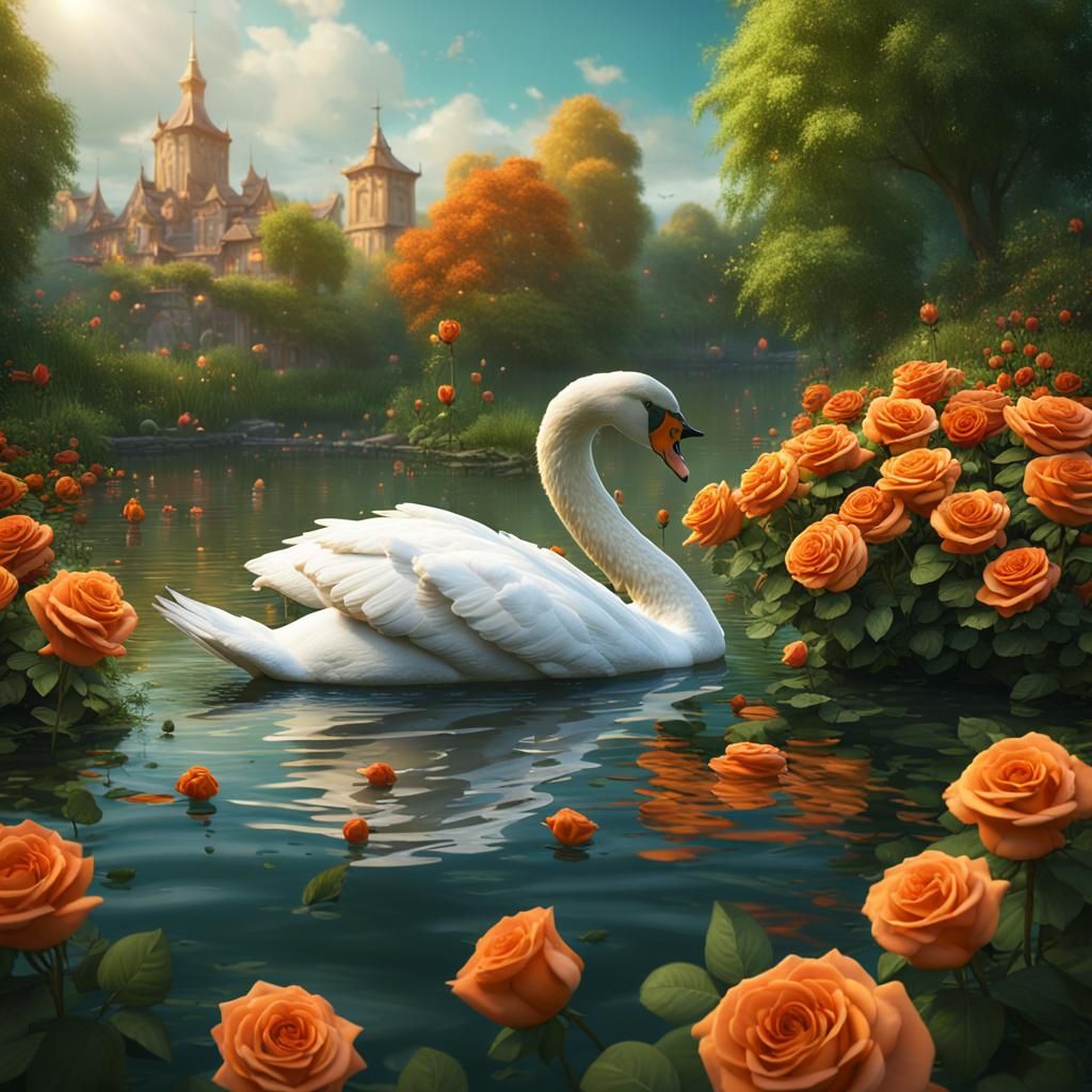 Swan Amidst Roses: Detailed Fantasy Matte Painting