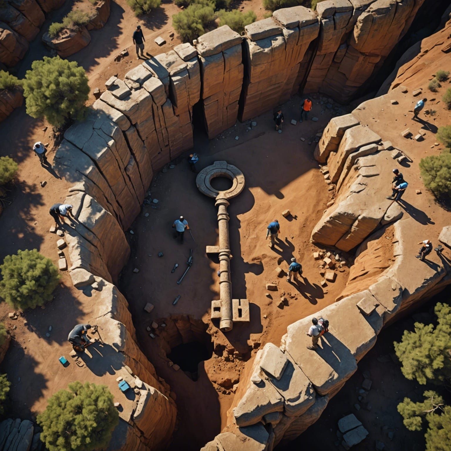 Giant Ancient Key Excavation in Canyon: Bird's-Eye View