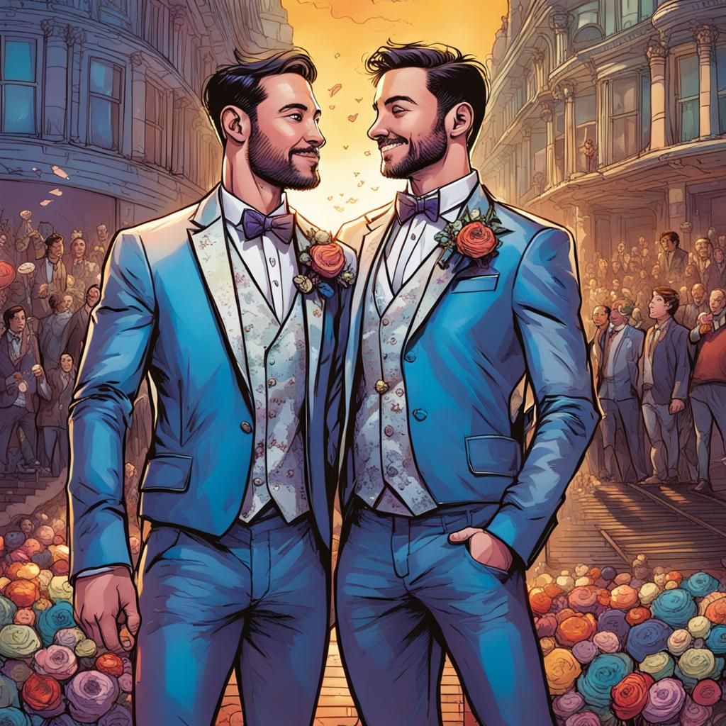 Gay Men's London Wedding in Comic Book Style