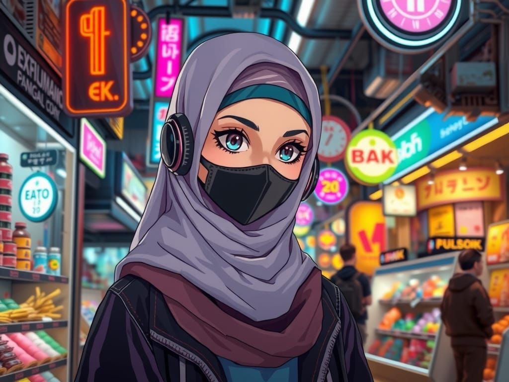 Cyberpunk Hijabi Heroine in Futuristic Bazaar