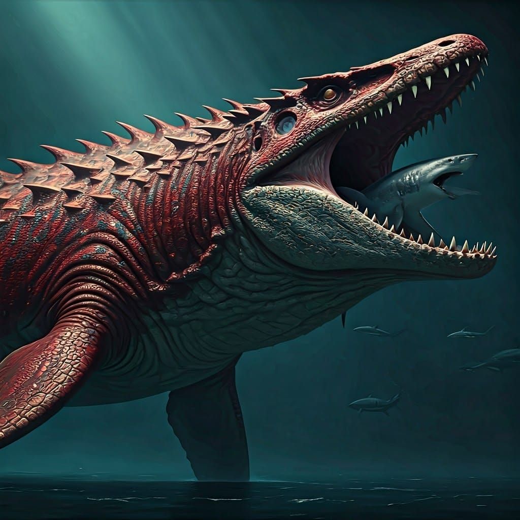 Red Opal Mosasaurus Snapping at Shark, Digital Art