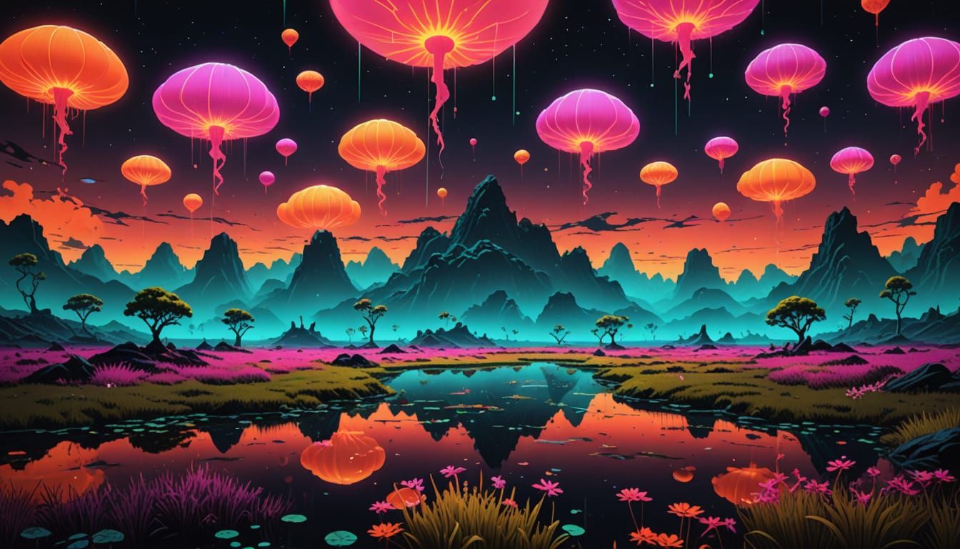 Surreal Floating Fluorescent Landscape