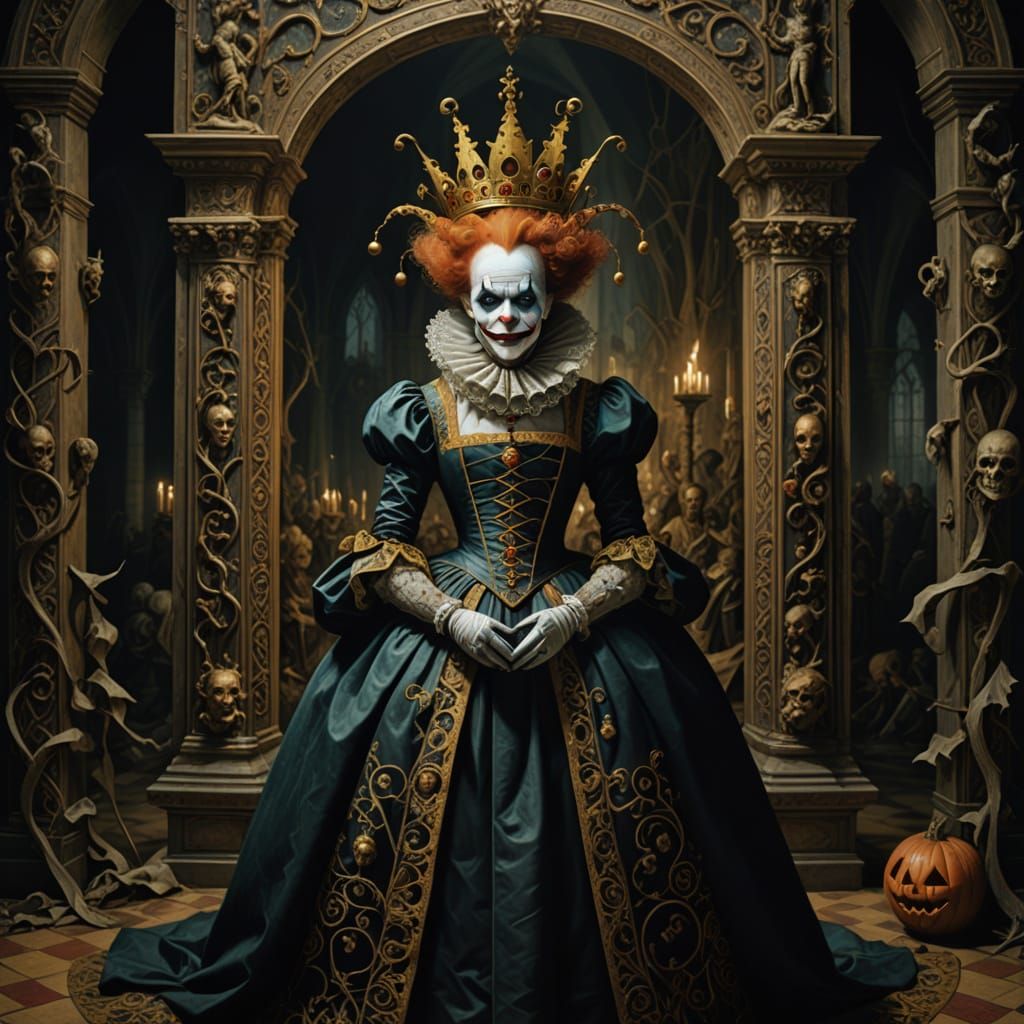 Joker as Elizabeth I in Surreal Royal Court Oil Painting