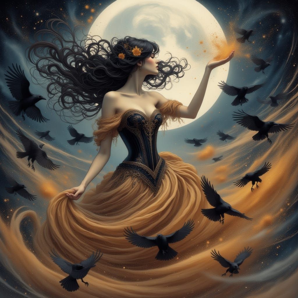 Woman Dancing With Crows Under Full Moon in Swirling Sand
