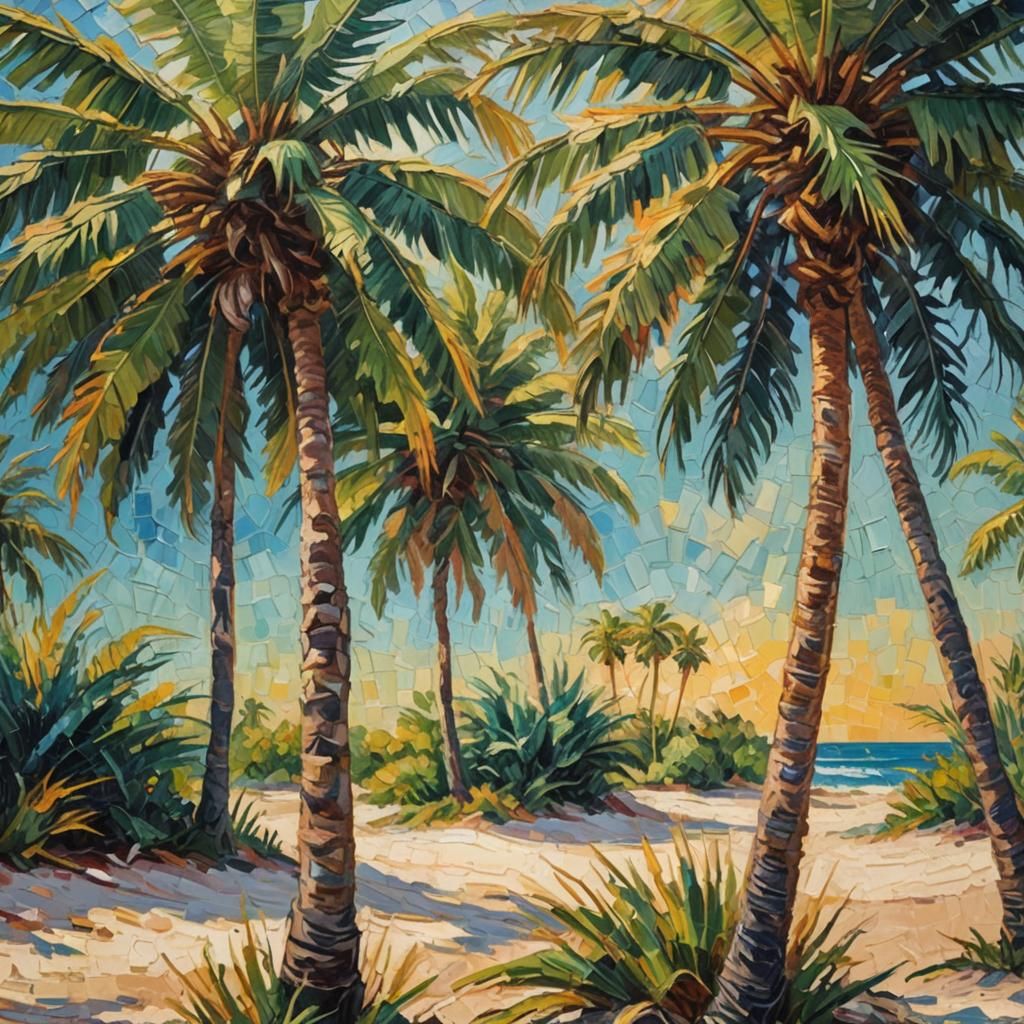 Palm Trees on Tropical Sand: Neo-Impressionist Oil Painting