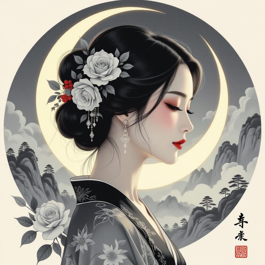 Elegant Chinese Woman Portrait in Pencil Drawing Style