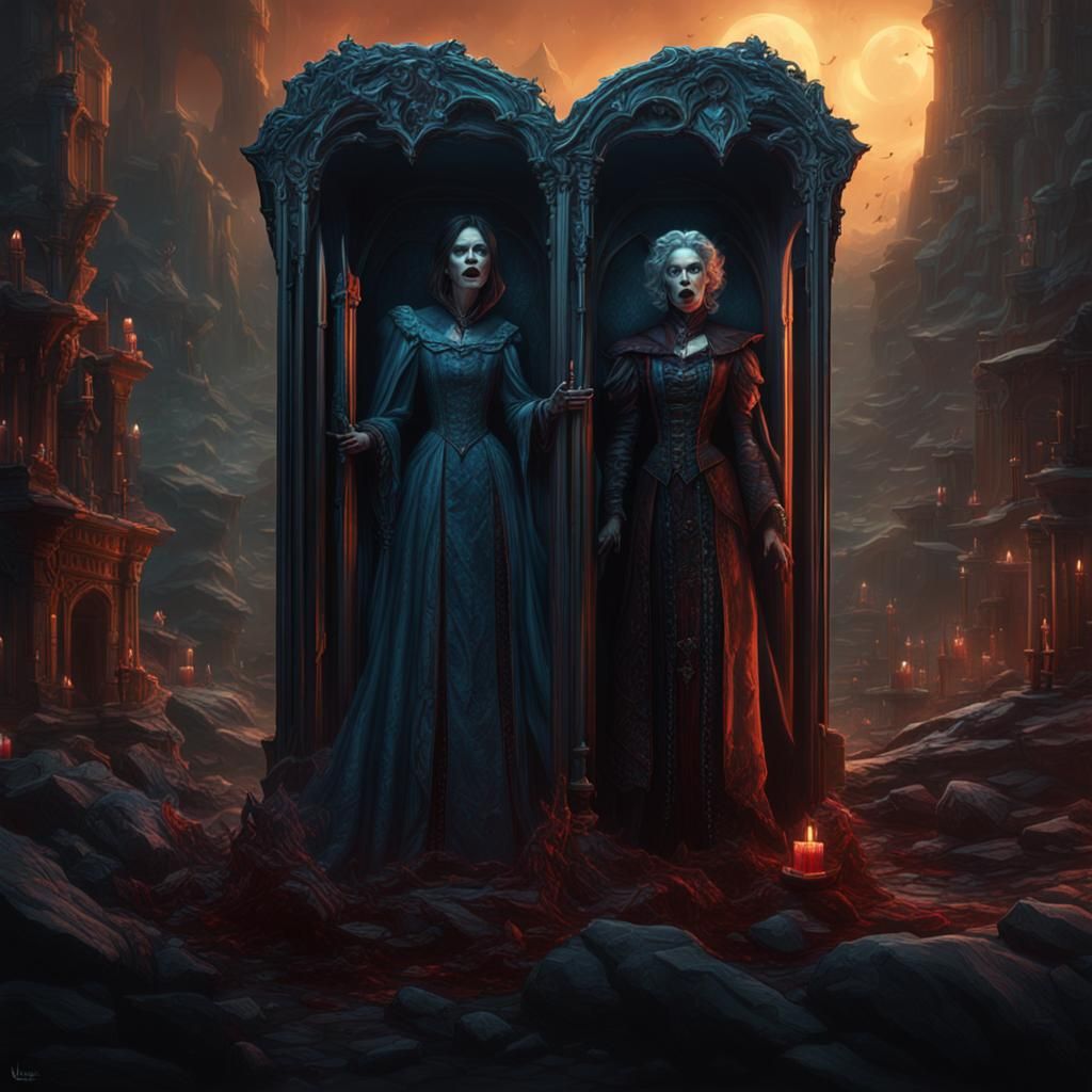 Vampire and Woman Escape Glass Coffin