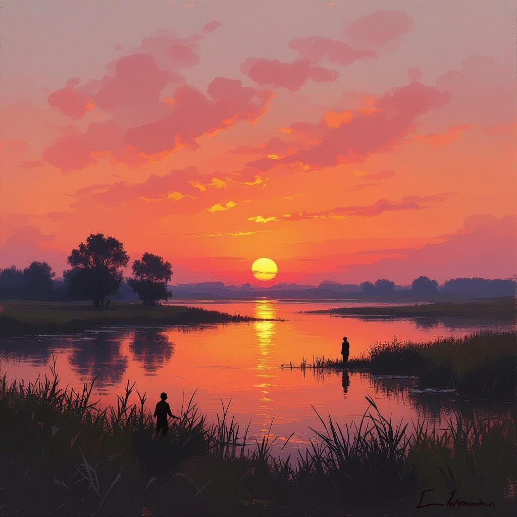 Warm Sunset Landscape in Impressionist Style