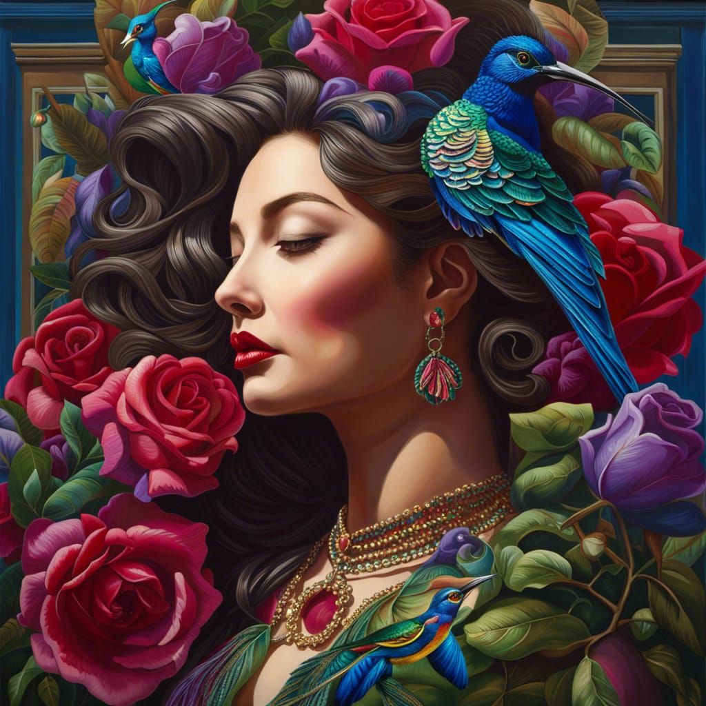 Detailed Hummingbird with Red Rose in Maximalism Style