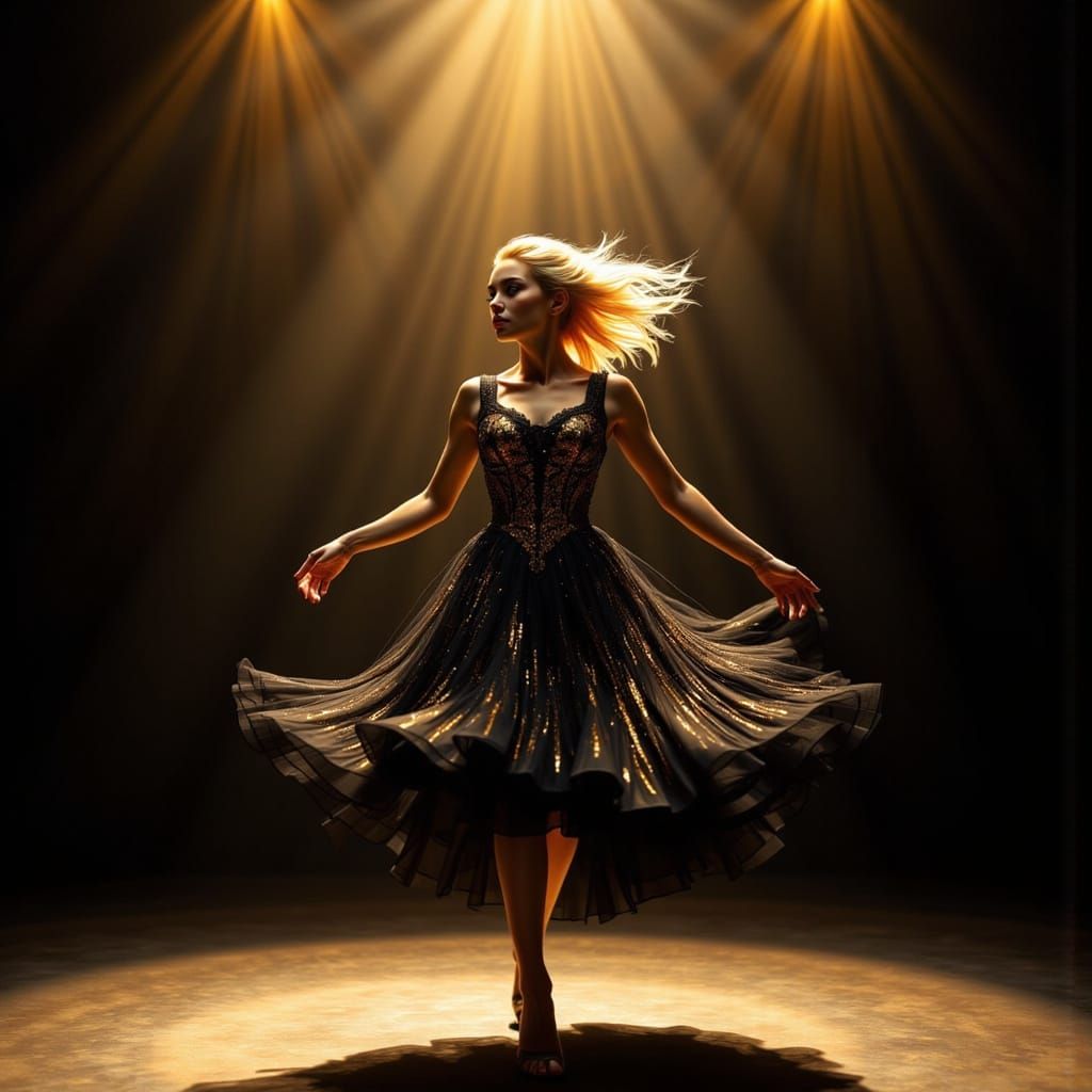 Glamorous Woman Dances Under Golden Spotlight in Noir Royale...