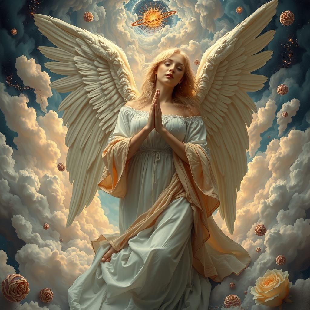 Angelic Woman in Prayer Amidst Celestial Fractals