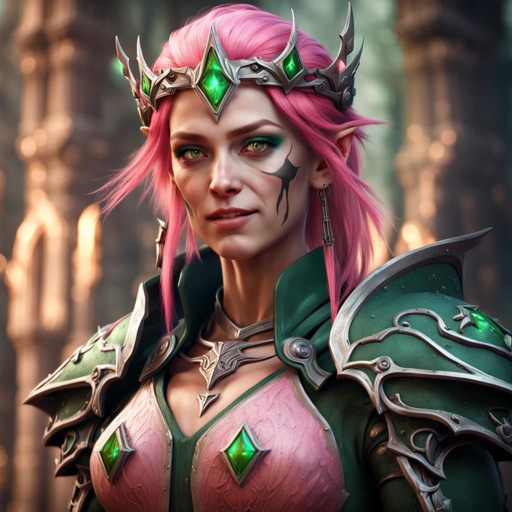 High Elf Necromancer with Pink Hair in Green Armor