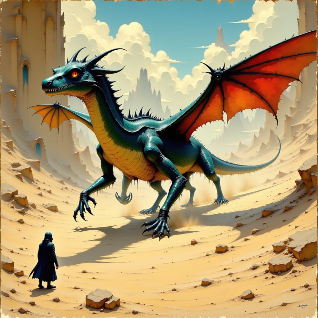 Winged Dragon Roaming Desert Ruins in Dynamic Realism