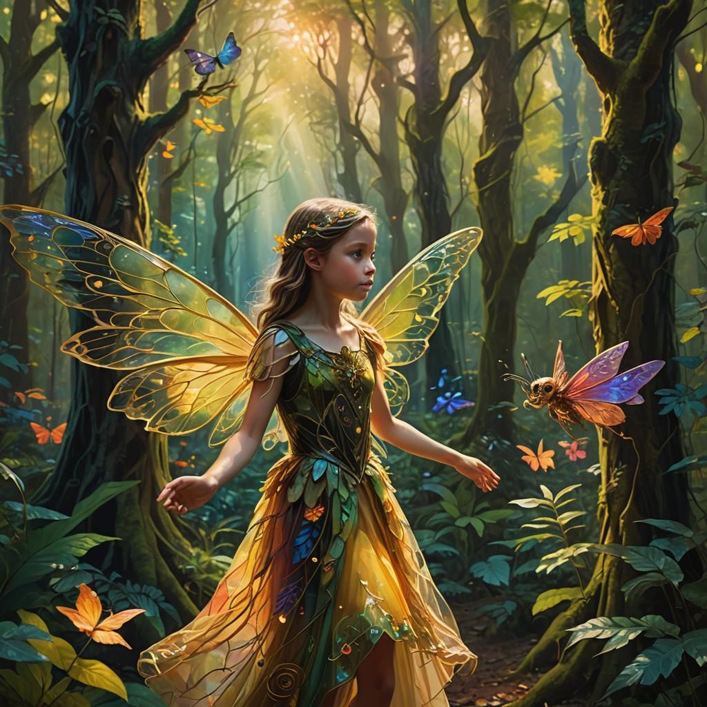 Girl Meets Fairy in Lush Forest: Fantasy Concept Art