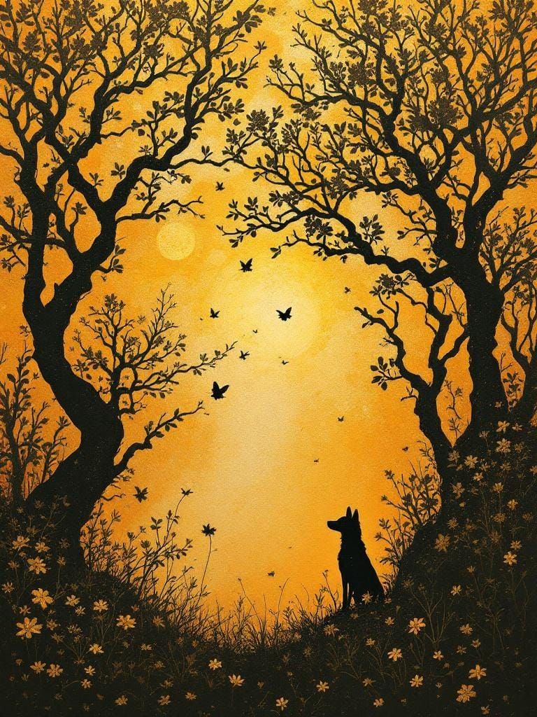 Dog in Sunlight: Metallic Amber Botanical Silhouette