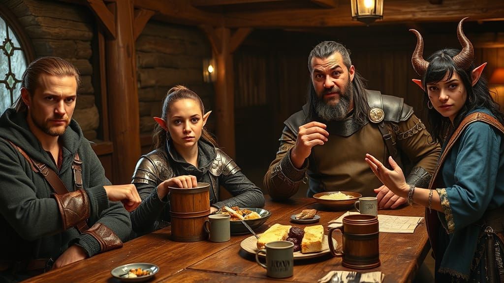 D&D Party Plots in Cozy Tavern, Detailed Fantasy