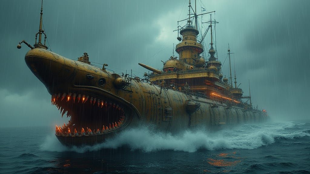 Steampunk Shark Battleship in Stormy Seas