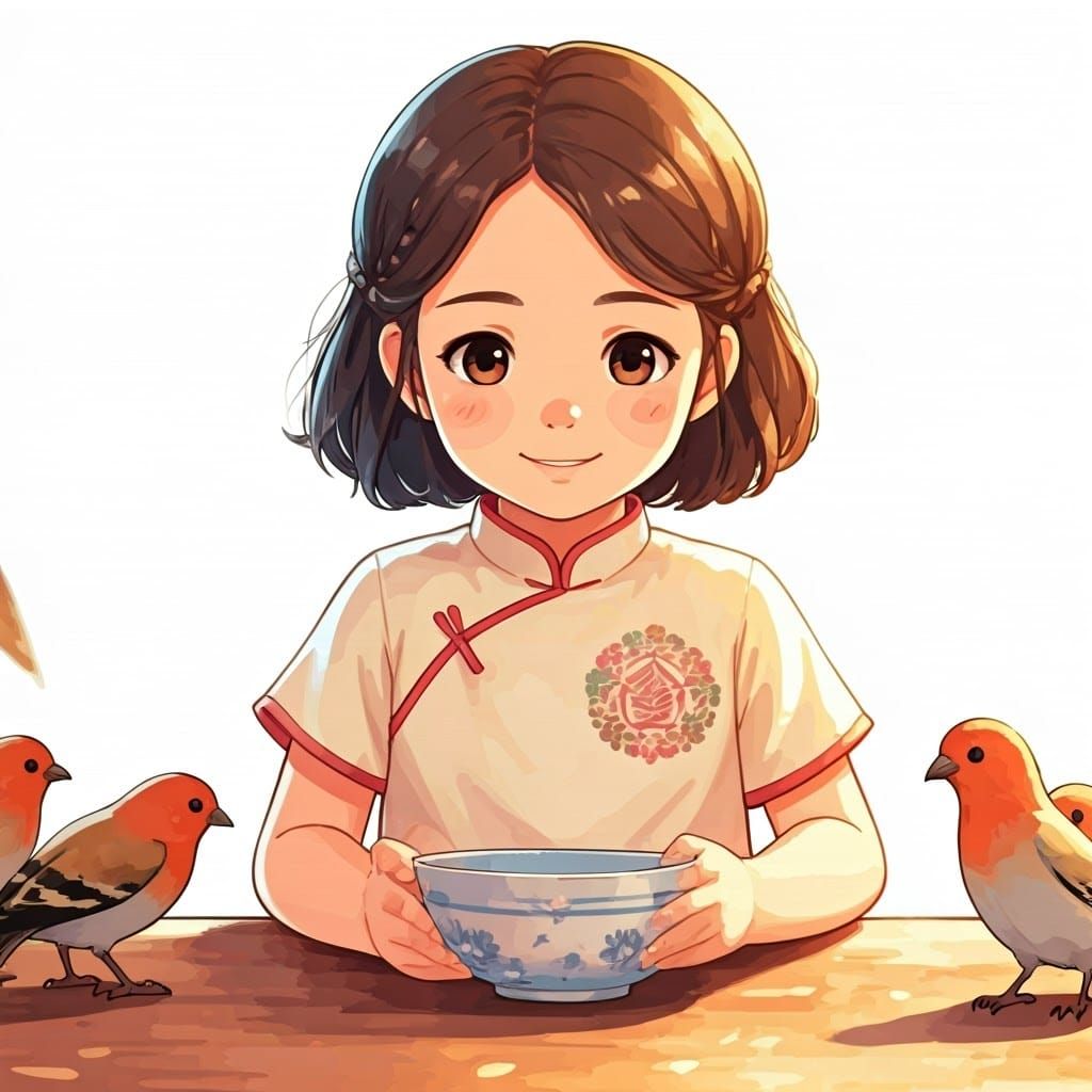 Girl and Birds: Anime-Manga Style Watercolor
