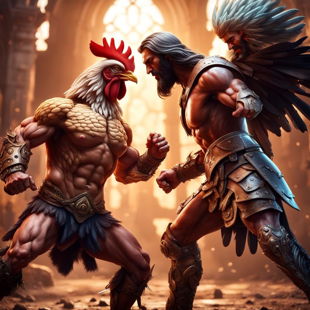 Armored Chicken Battles Jesus in Detailed Painting