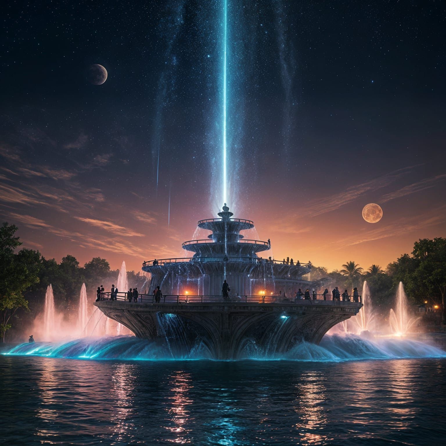 Spectacular Night Lake Fountain with Starry Sky