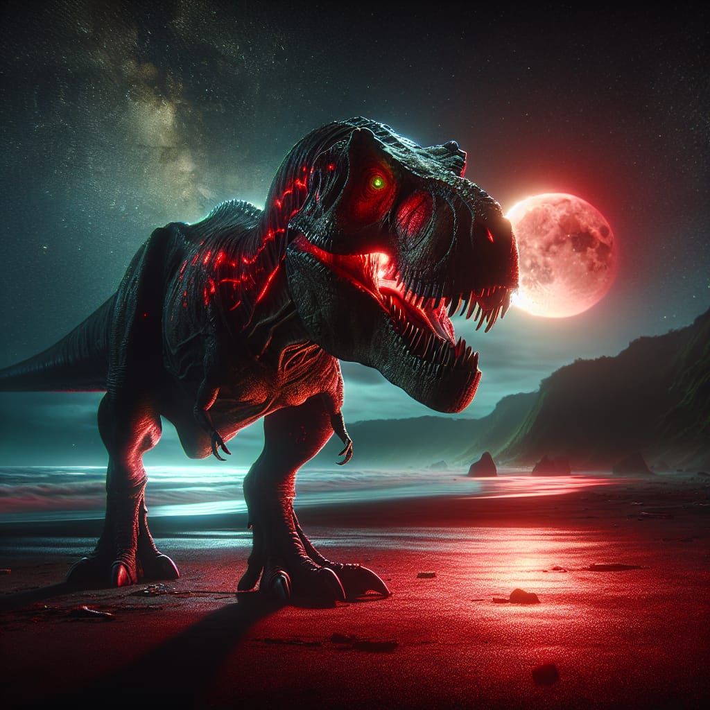 Mountainous Bioluminescent T-Rex on a Night Beach