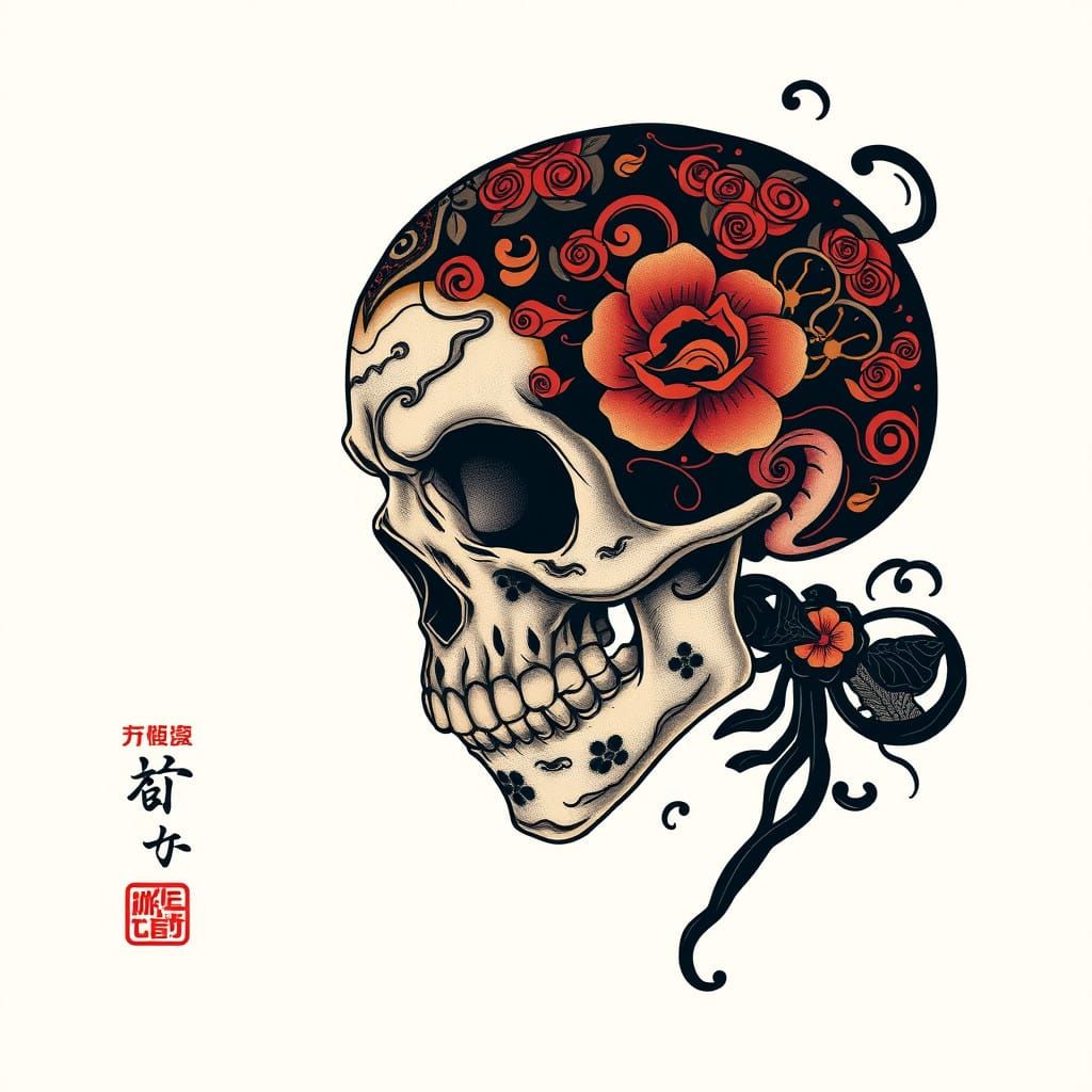 Japanese Gashadokuro Skull Tattoo Art in Flat Manga Style