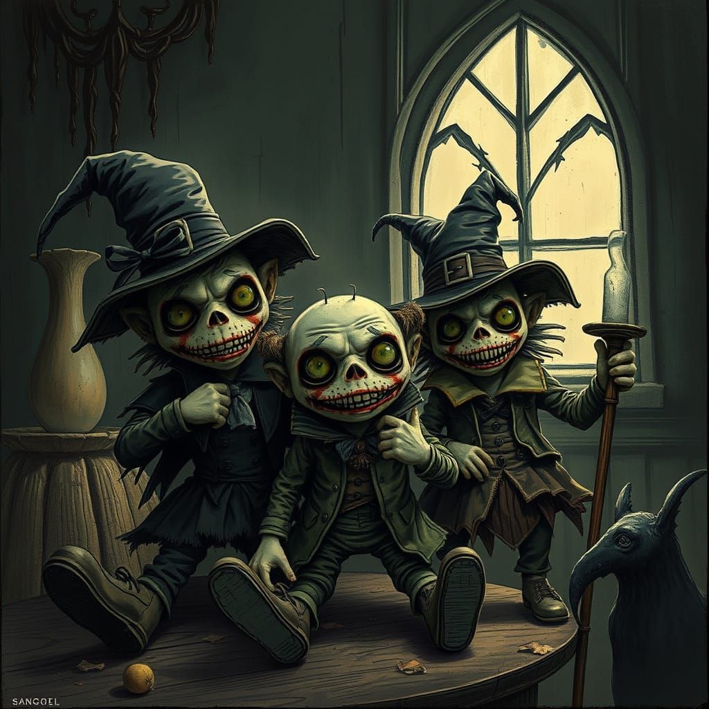 Victorian Plush Toys in Eerie Atmosphere